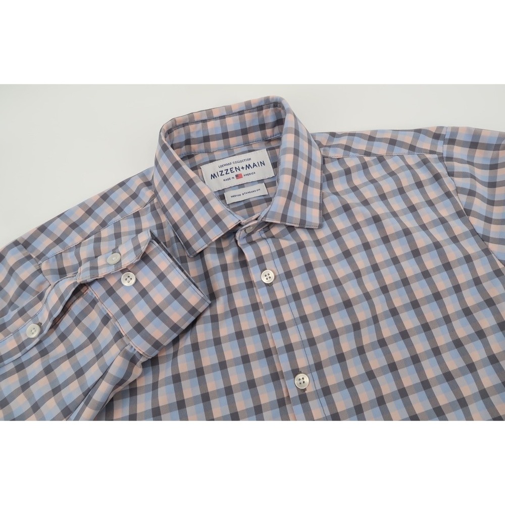 Mizzen+Main Leeward Dress Shirt Mens Medium Blue Gray Checks Long Sleeve Stretch